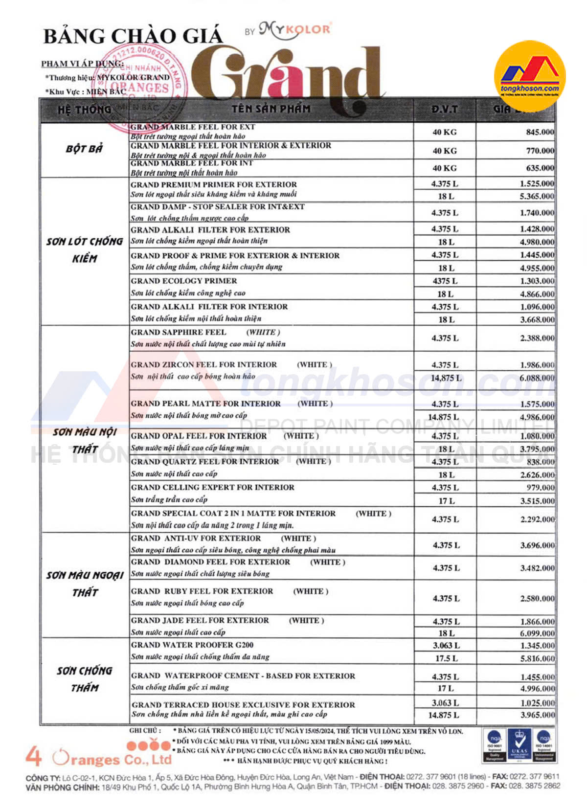 Bảng báo giá sơn Mykolor Grand mới nhất