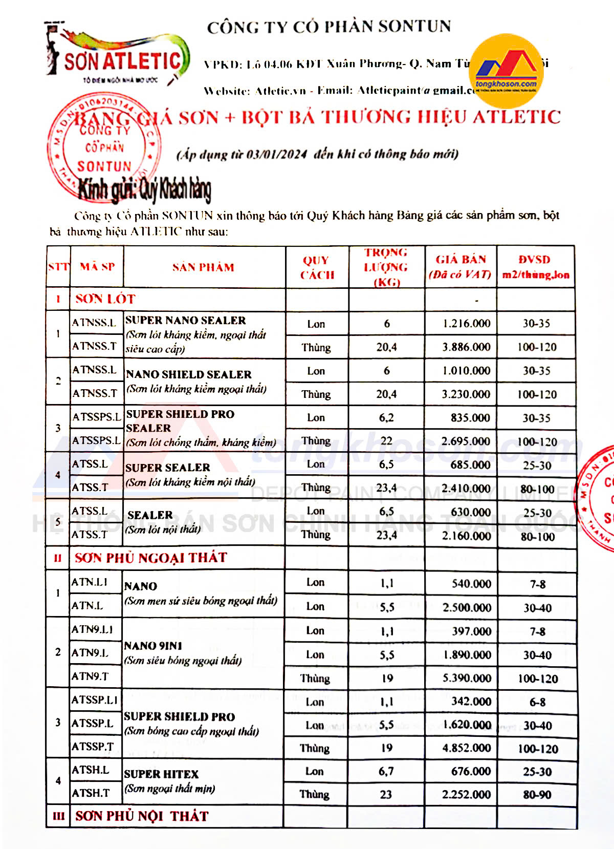bang bao gia son atletic moi nhat