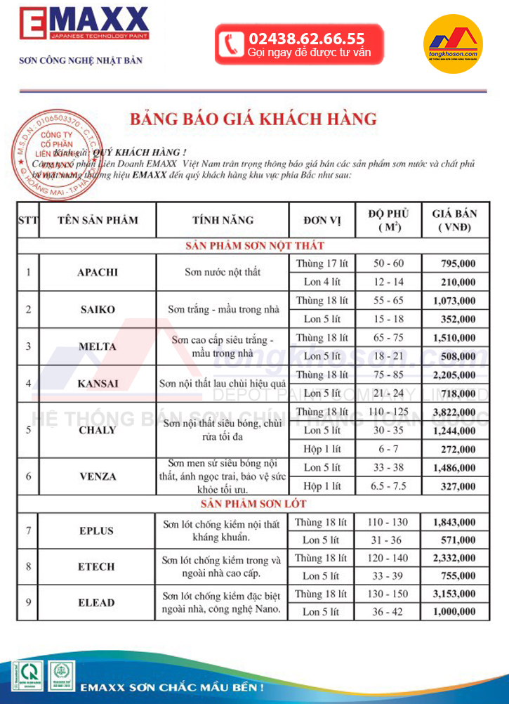 bang bao gia son emaxx