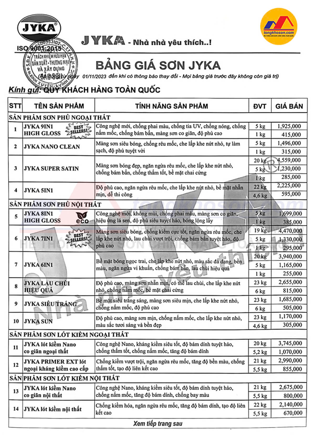 bang bao gia son jyka