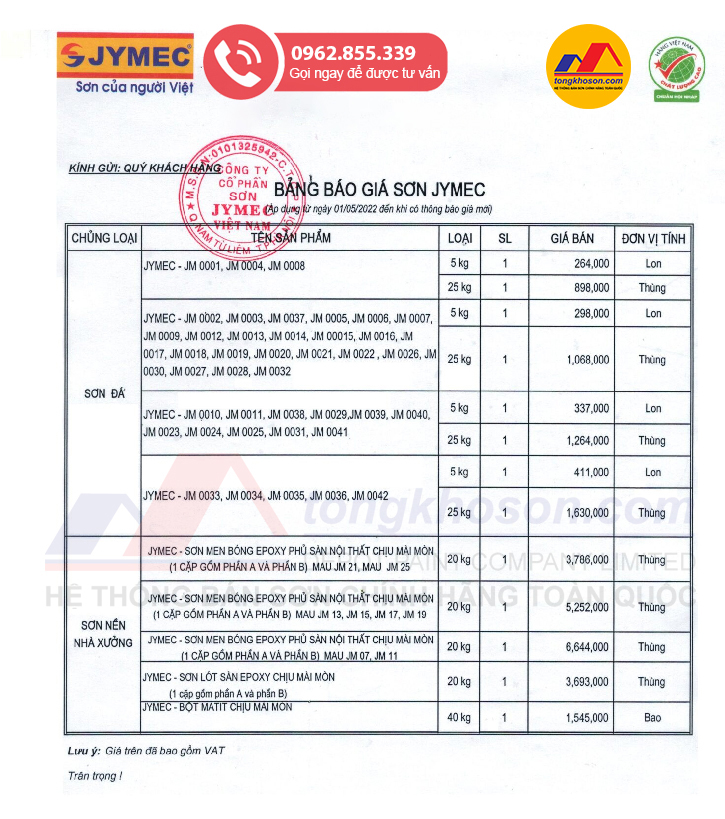 bang bao gia son jymec