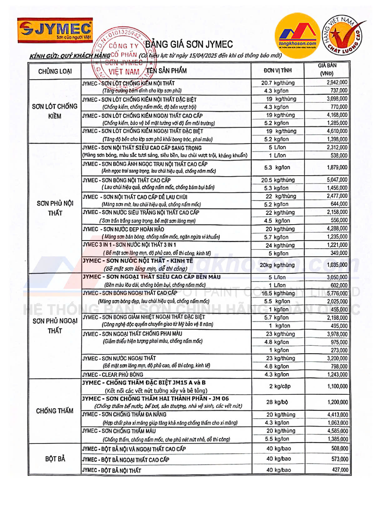 bang bao gia son jymec