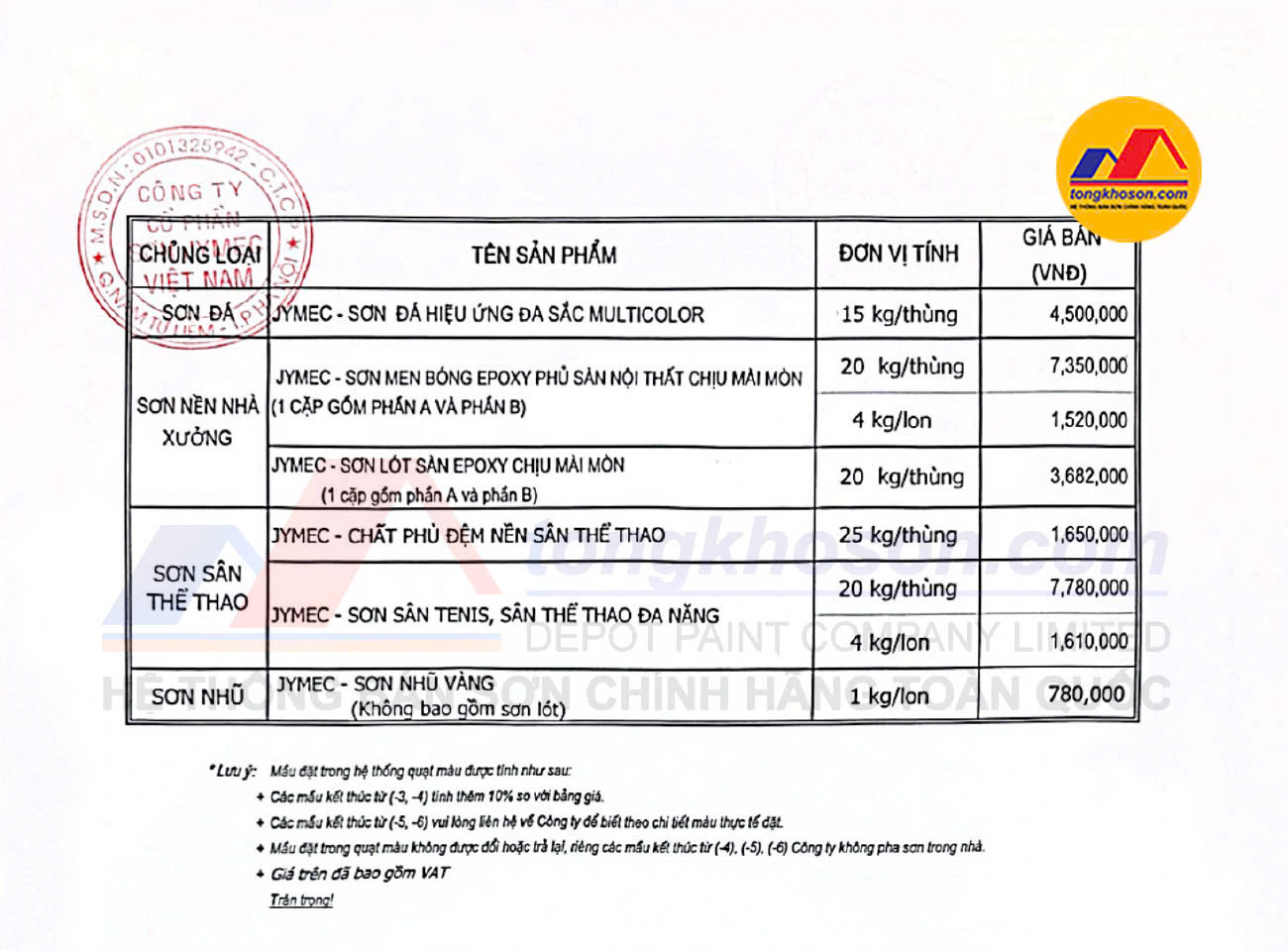 bang bao gia son jymec