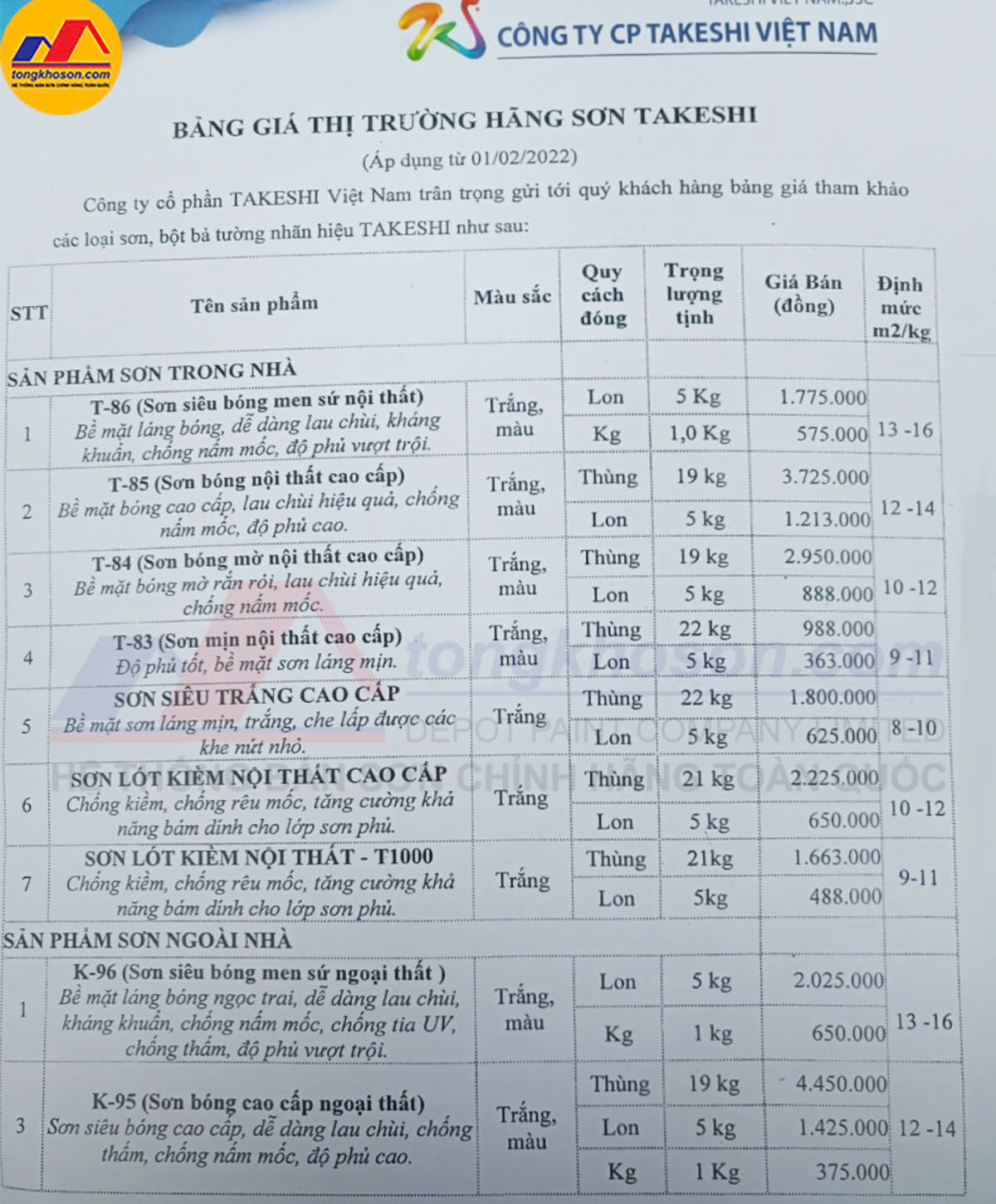 bang bao gia son takeshi