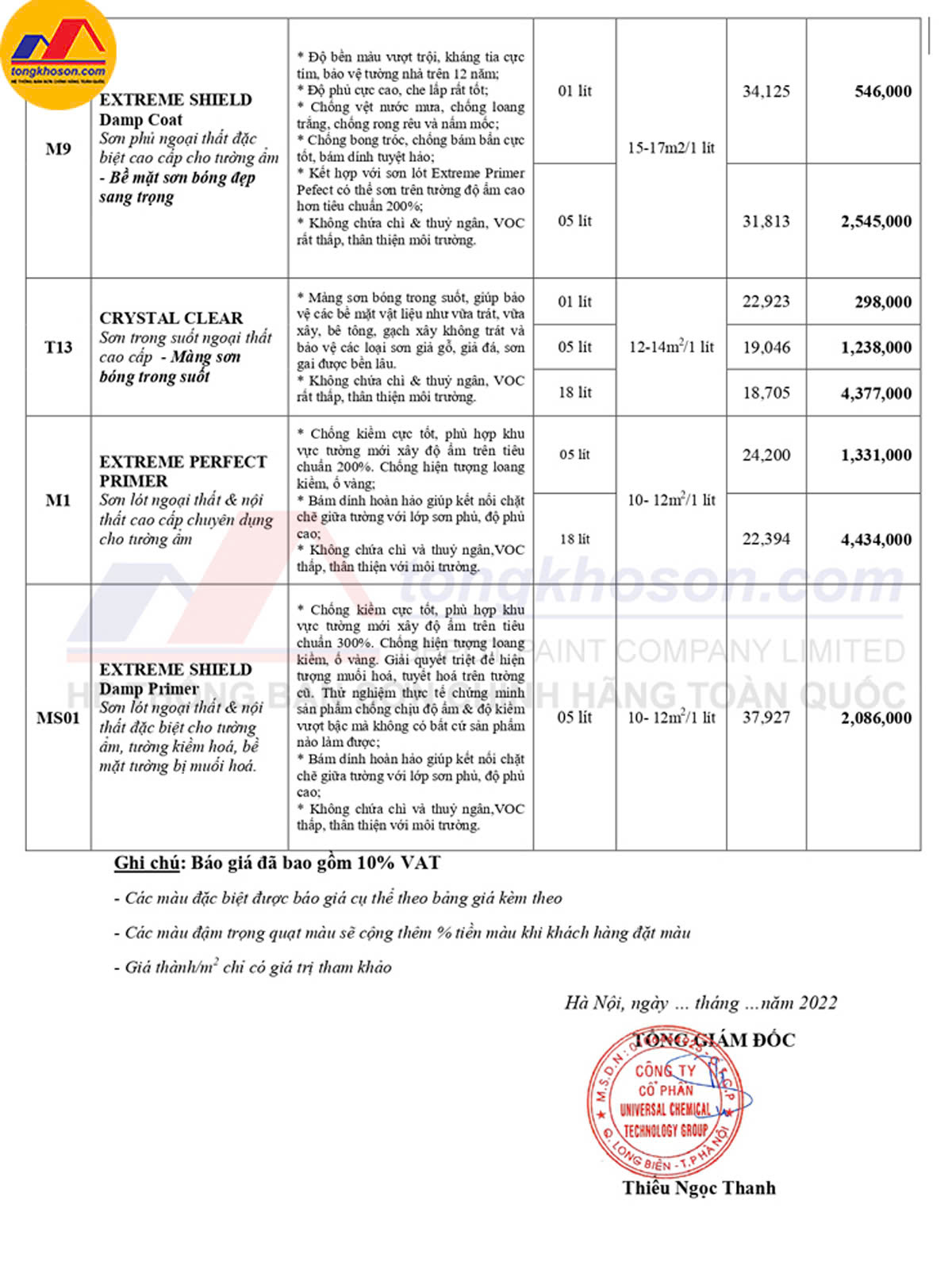 bang bao gia son takira