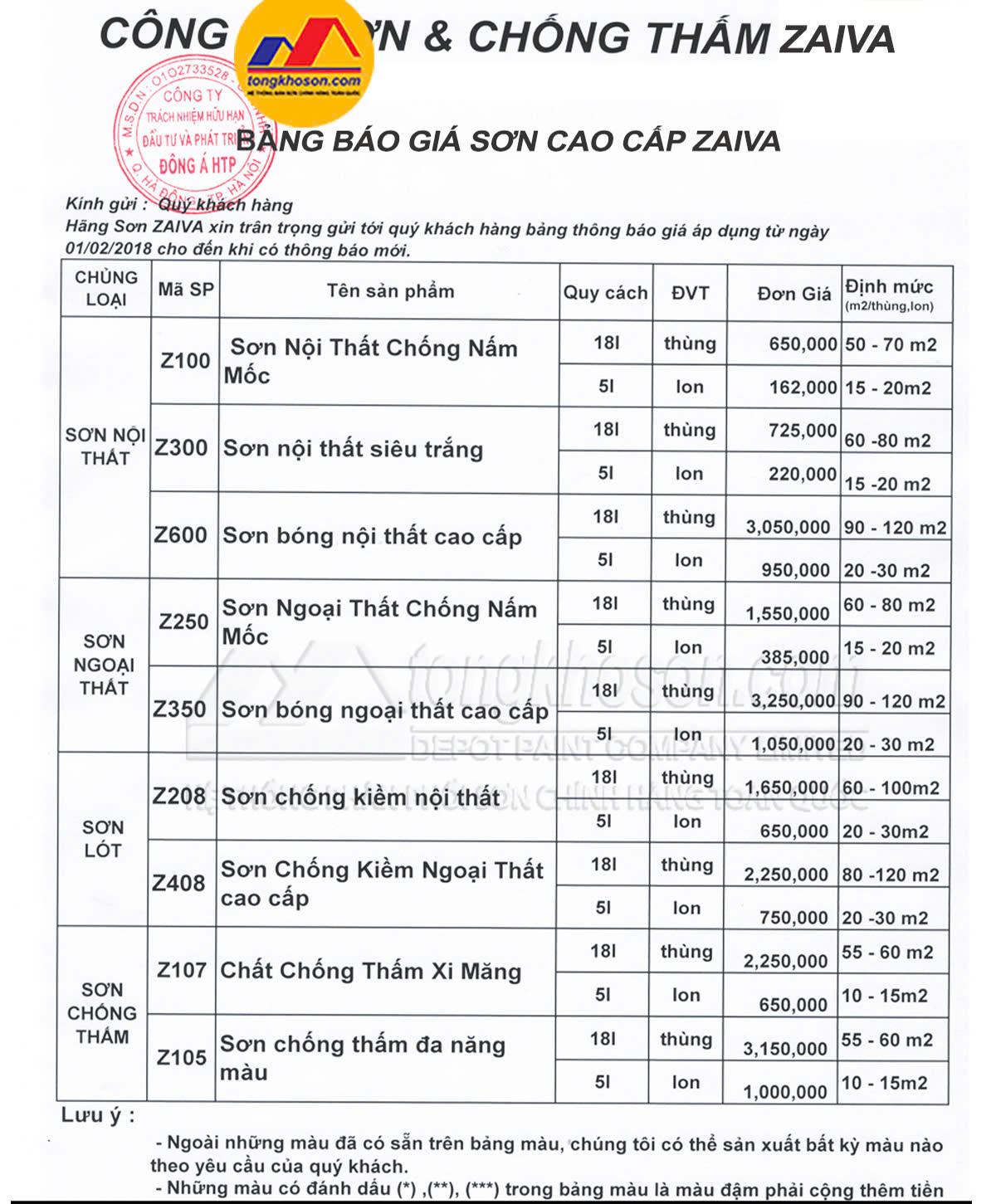 bang bao gia son zaiva