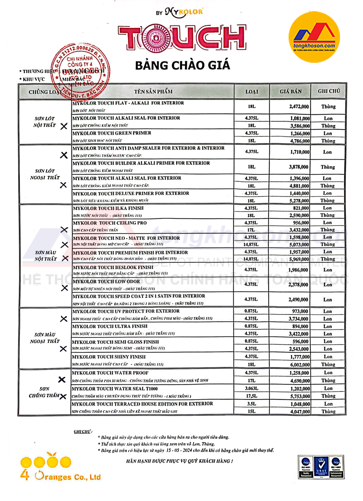 Bảng báo giá sơn Mykolor Touch mới nhất