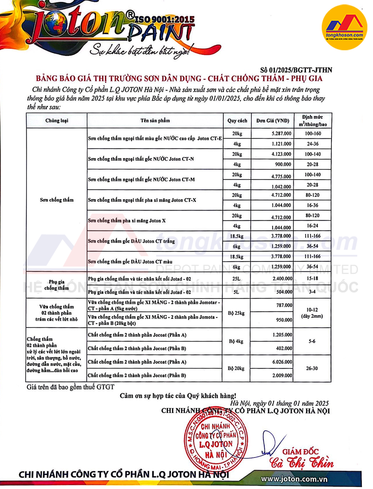 bảng giá sơn joton chống thấm