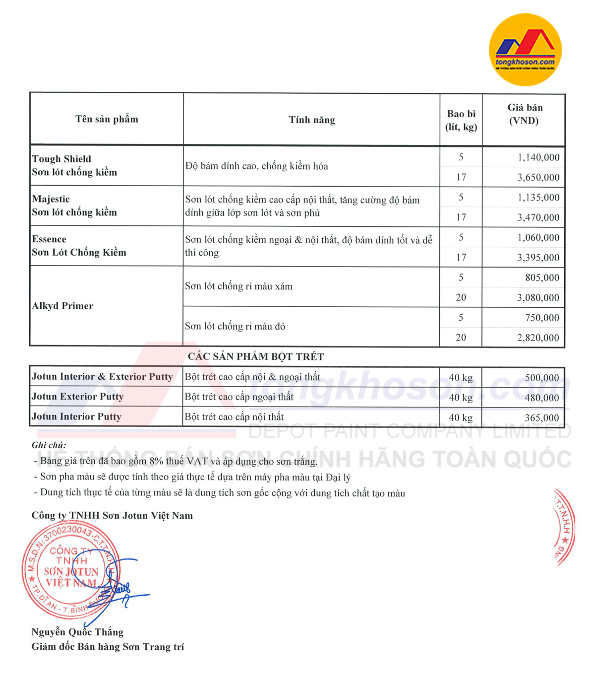 bảng báo giá sơn Jotun 01/7/2025