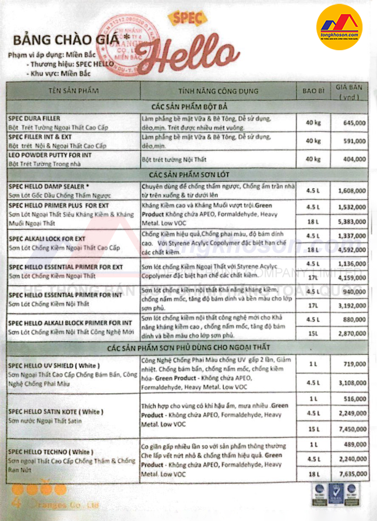 bảng giá sơn spec