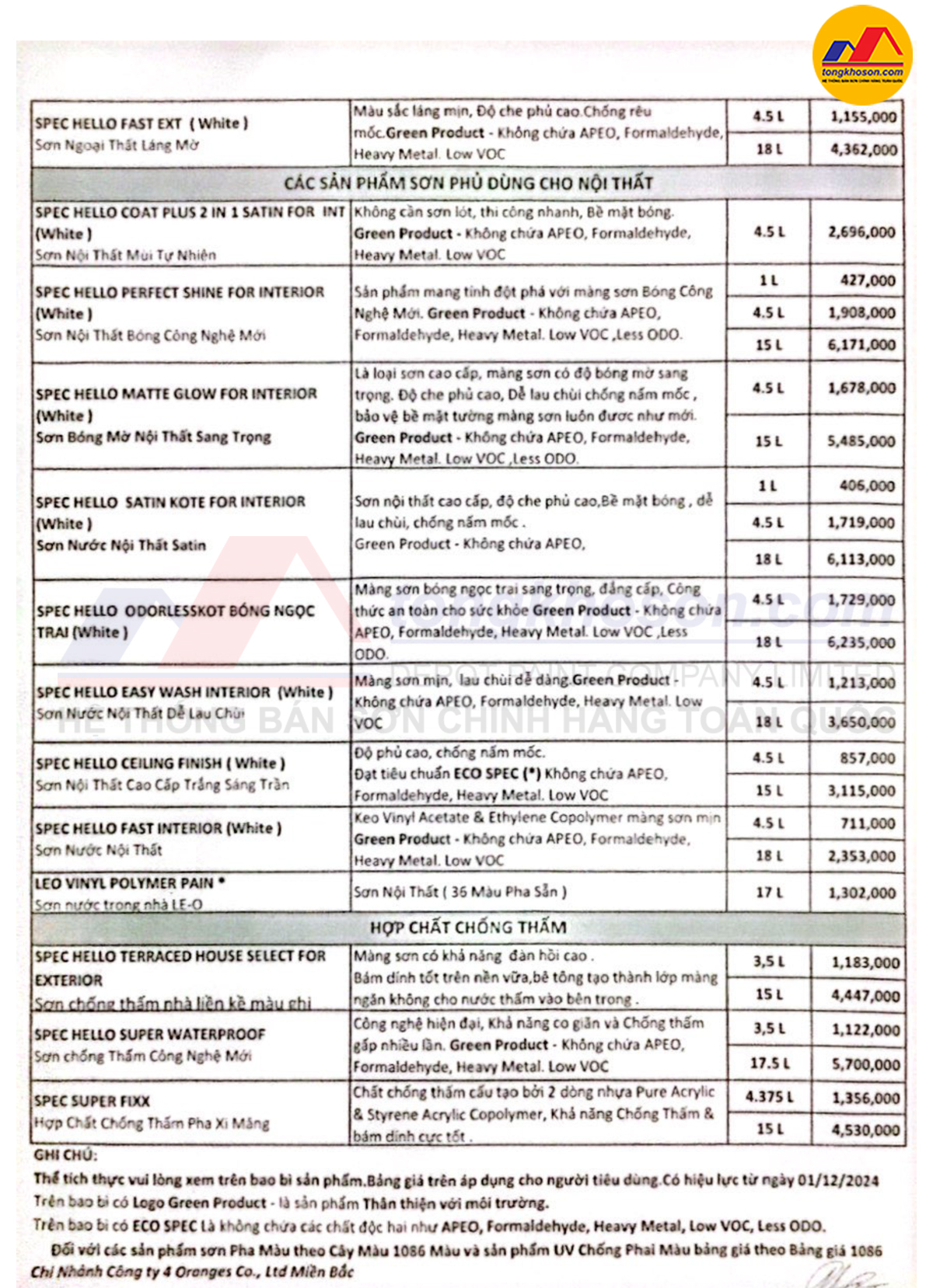 Bảng giá sơn spec