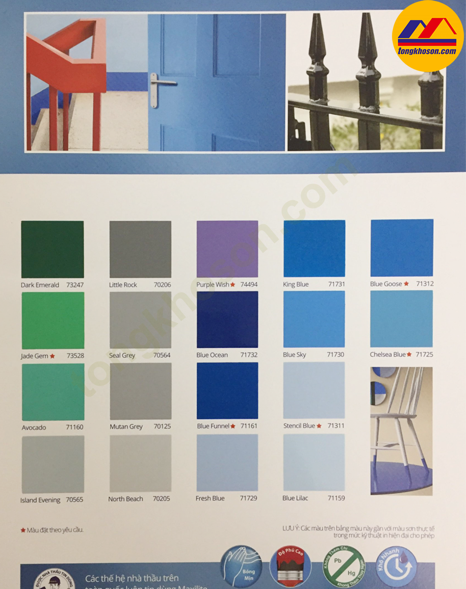 Bảng màu sơn dầu Maxilite với mỗi màu có một mã và trong một bảng màu khác nhau. Khi khách hàng có nhu cầu mua hàng loại nào thì chọn màu trên bảng màu đó. Để giảm thời gian chọn màu cho khách hàng chúng tôi tổng kho sơn đã có bảng màu sơn maxilite online quý khách có thể xem bảng màu bất cứ nơi đâu chỉ cần có chiếc điện thoại smartphone kết nối 3g là bạn có thể xem màu và chọn mã màu mình thích và đặt hàng rất tiện lợi và nhanh chóng. Dưới đây là bảng màu sơn dầu Maxilite mới nhất lấy từ catalog sơn Maxilite: