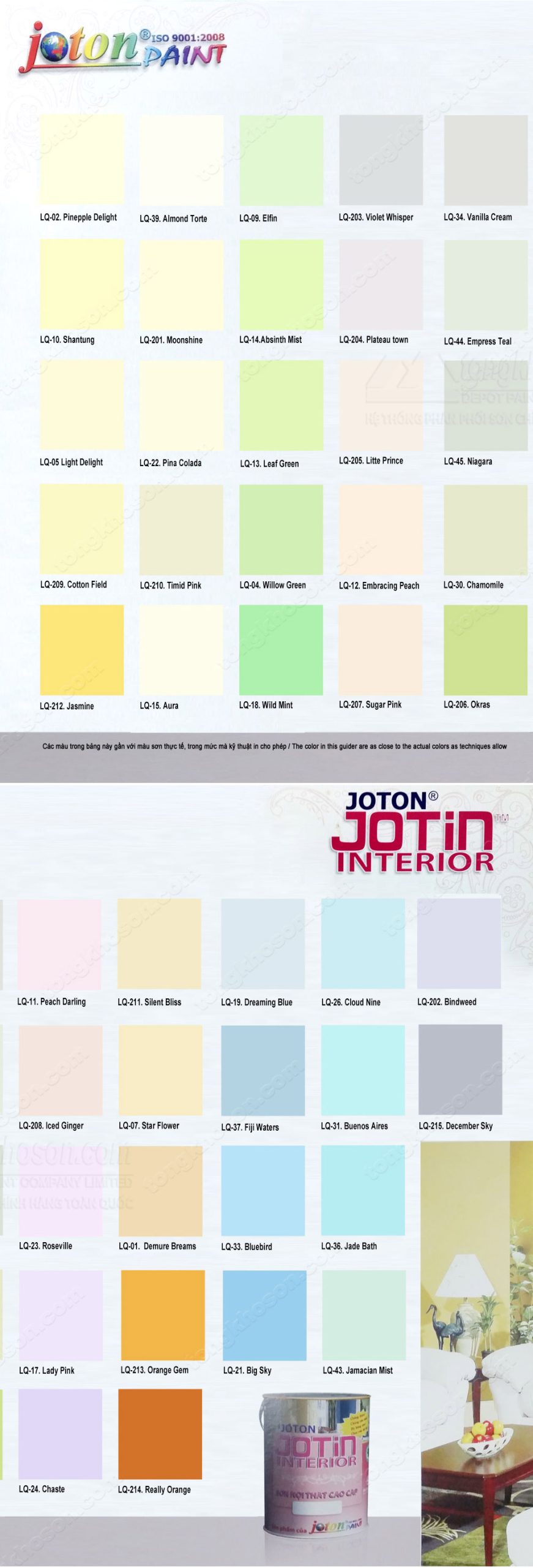 Bảng màu sơn Joton Jotin nội thất siêu bóng