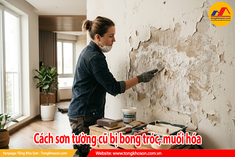 cách sơn tường cũ bị bóng tróc, muối hóa